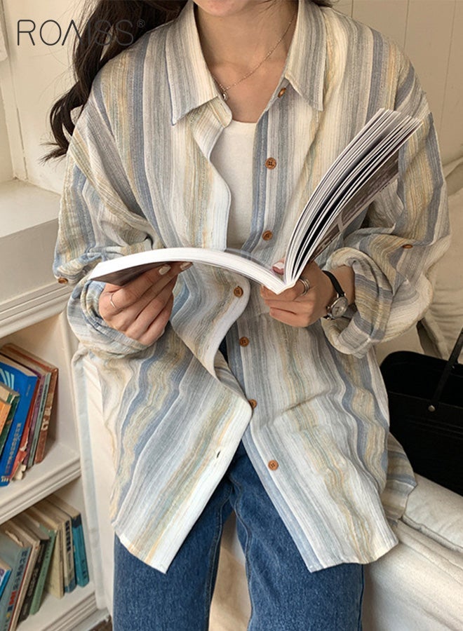 رويس قميص واقٍ من الشمس مخطط للنساء، كارديجان متعدد الاستخدامات وخفيف الوزن بأكمام طويلة مع ياقة كلاسيكية وإغلاق بأزرار، مثالي للتنقل اليومي والأنشطة الخارجية، يوفر الحماية من الشمس وقصة فضفاضة مريحة - Image 1